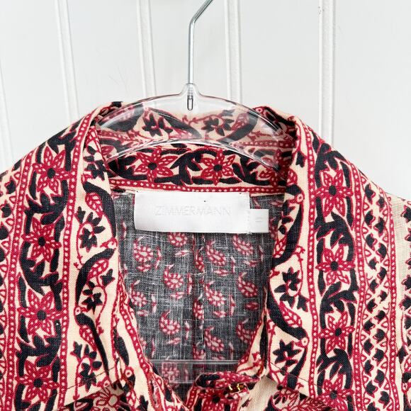 Zimmermann Jaya Cropped Tie Front Printed Linen Blouse Top Red Black Size 0 XS - Picture 7 of 7